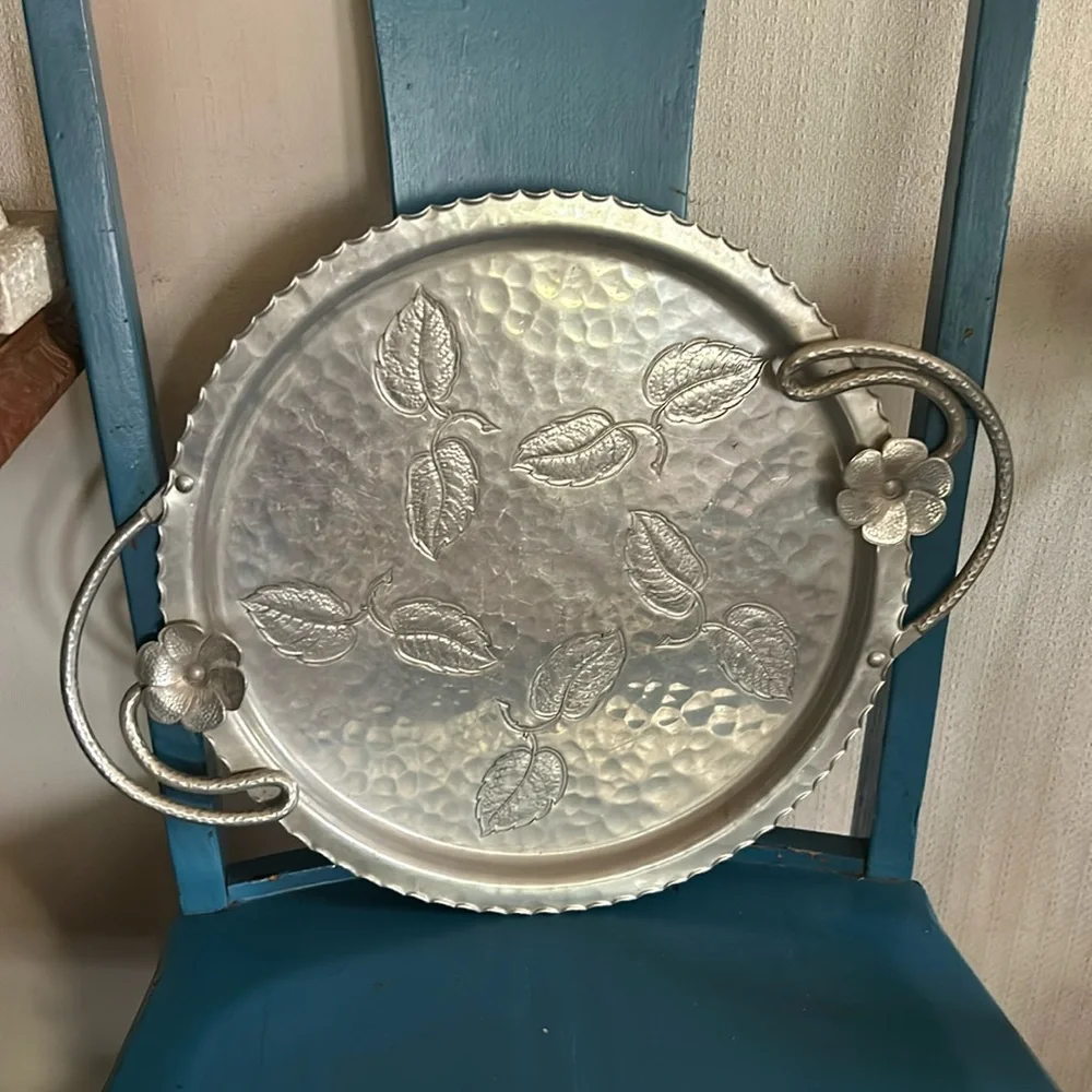 Vintage WROUGHT FABERWARE Handled Aluminum Tray With Flower & Leaf Design
